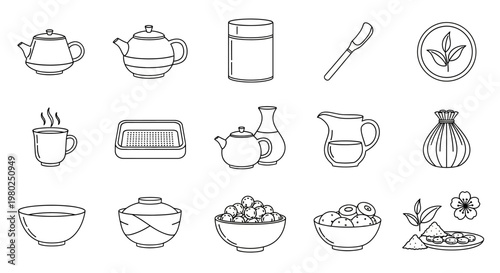 Detailed Line Art Vector Collection of Traditional Japanese Tea Ceremony and Culinary Essentials. Icons for Asian Food and Drink Culture Design