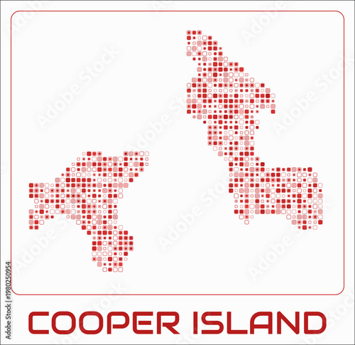Cooper Island digital style map. Small roundedSquare dots on white background. Dotted shape of the island. Vector map and title. Amazing vector illustration.