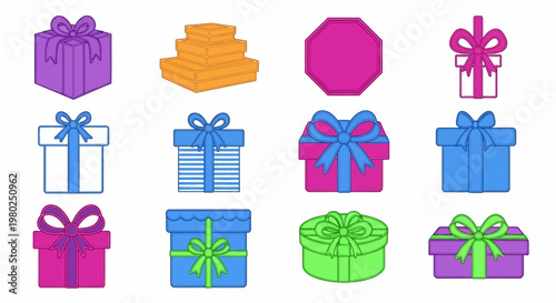 Collection of colorful gift boxes with ribbons, perfect for celebrations and special occasions, illustrating generosity and presents