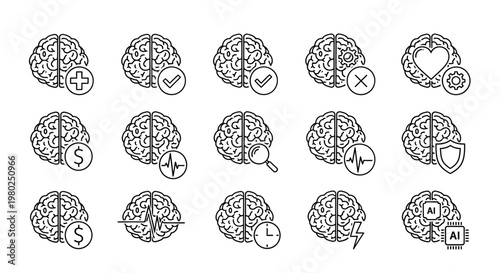 Collection of Brain Icons Representing Various Concepts and Activities Related to Intelligence and Thought Processes
