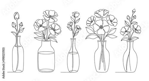 Continuous Line Art Drawing of Various Flowers in Glass Vases, Minimalist Floral Arrangements Vector Illustration Set for Home Decor
