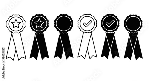 Set of stylized ribbons and badges with star and checkmark icons, perfect for awards, achievements, and recognition designs