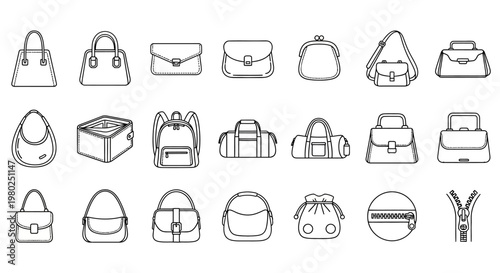 A collection of various handbag and purse outline icons representing different styles and designs for fashion and accessory representation