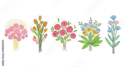 A collection of five hand-drawn floral bouquets featuring a variety of colorful flowers in a whimsical sketched style, perfect for celebratory occasions