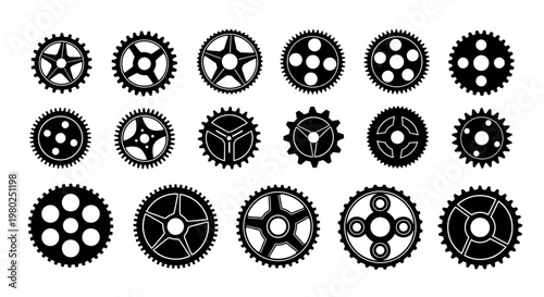 Collection of Various Black and White Gears and Cogs - Industrial and Mechanical Elements