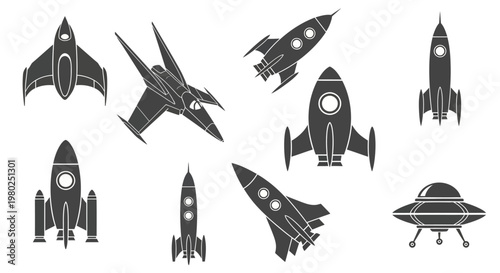 Collection of retro and futuristic spaceships, rockets, and a flying saucer designed for interstellar travel and exploration in a minimalist silhouette style