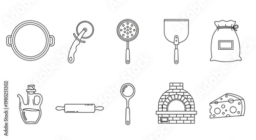 Collection of kitchen utensils and ingredients for pizza preparation including a rolling pin, cheese, flour, and a pizza oven