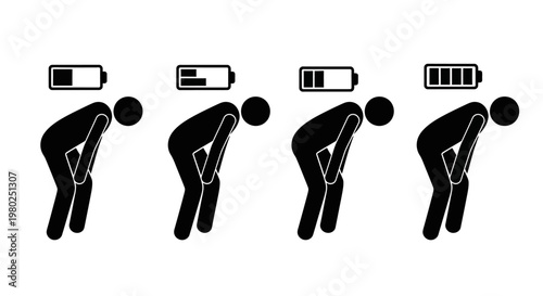 Illustration of a person bending over with a battery icon indicating their energy levels decreasing from full to nearly empty