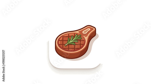 A delicious, appetizing, and perfectly grilled bone-in pork chop, adorned with a sprig of fresh rosemary, is presented as a modern icon