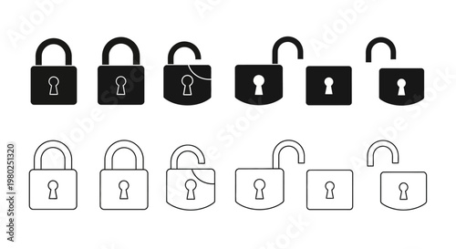 Collection of security padlocks, both locked and unlocked, in black and white outline variations for digital and print use