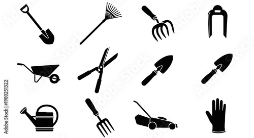 Comprehensive Collection of Gardening Tools Silhouettes for Yard Work and Horticultural Activities - Essential Equipment for Home Gardeners