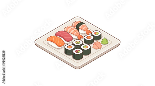 A delicious assortment of sushi and sashimi on a plate, including nigiri, maki rolls, and wasabi, perfect for a Japanese food-themed design