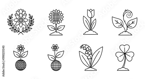 Delicate botanical line art icons collection depicting various plants and flowers perfect for nature-themed design projects and graphic elements