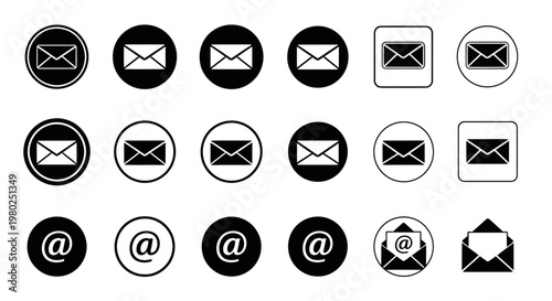 Collection of various email and at symbols icons representing communication and digital messaging services