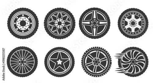 A diverse collection of black and white vector illustrations showcasing various modern and classic automotive wheels and rims, perfect for car design and vehicle parts concepts