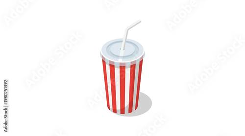 Isometric illustration of a red and white striped disposable cup with a straw, perfect for fast food or beverage concepts