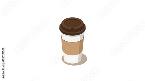 Isometric disposable coffee cup with brown lid and sleeve, a popular beverage container for hot drinks served on the go