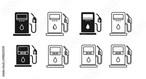Essential fuel pump icons collection in various styles, symbolizing vehicle energy, transportation, and convenient service at a gas station