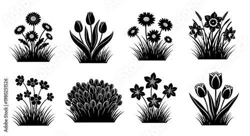 A collection of stylized black and white silhouette illustrations of various plants and flowers, including tulips, daffodils, and grass patches, presented on a white background