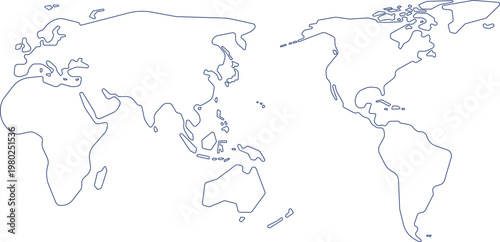 Blue Outline World Map Continents Sketch Vector illustration 
