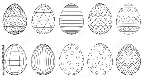 Set of ten detailed line art Easter eggs showcasing a variety of intricate geometric and decorative patterns, perfect for holiday concepts and spring celebrations