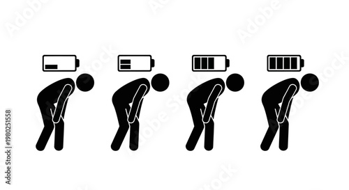 Illustration of a person's energy level depicted by battery icons, showing a progression from low to high charge