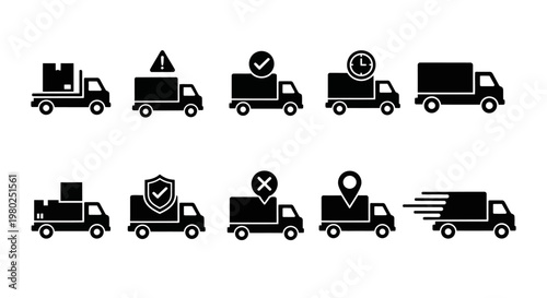 Modern black silhouette icons of delivery trucks, illustrating diverse aspects of shipping, logistics, and parcel transportation services