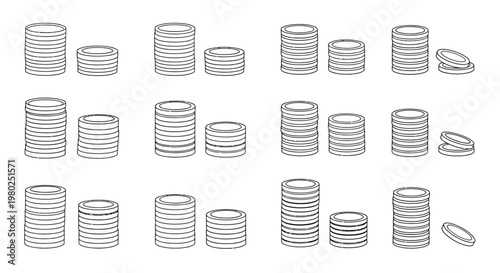 Diverse collection of monochrome line art coin stacks, symbolizing financial growth, investment concepts, and the accumulation of wealth in an economic context