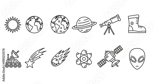 Unlocking Celestial Mysteries A Diverse Collection of Vector Line Art Icons for Space Exploration, Astronomy, and Scientific Discovery Themes