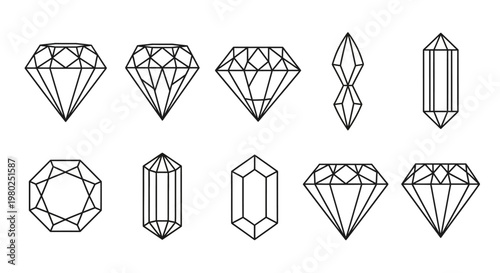 Collection of various diamond cuts and gemstones, illustrating the diversity of precious stone shapes in a clean, line-art style