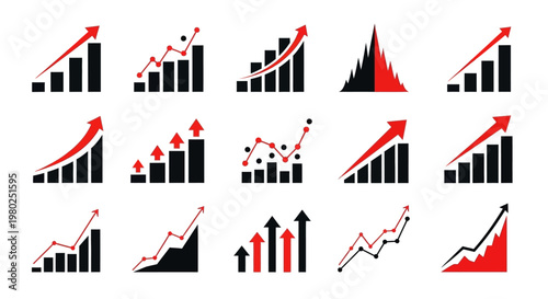 Collection of upward trending growth charts and financial success symbols showcasing business development and market progress, statistics, and achievement icons
