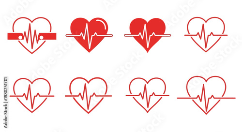 Vector illustration collection of diverse heart and electrocardiogram (ECG) line icons, symbolizing health, medical care, and vital signs
