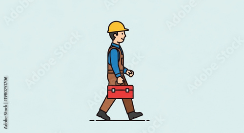Construction Worker Walking With Red Toolbox Illustration.
