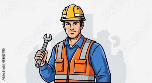 Construction worker wearing hard hat and holding wrench.