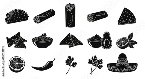 Diverse collection of Mexican food icons including tacos, burritos, nachos, guacamole, and sombrero