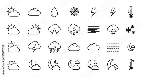 Weather icons collection for forecasting, meteorology, climate and weather conditions such as sun, clouds, rain, snow, thunder, and temperature