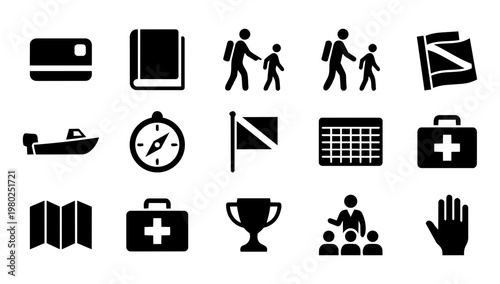 Dive School Training Icons Set, Scuba Certification and Diving Course Silhouettes Collection