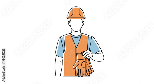 Construction worker wearing hard hat safety vest holding gloves.