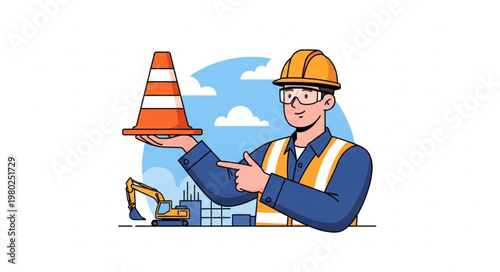Construction worker wearing hard hat holding traffic cone and clipboard.