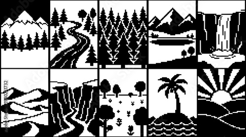Various scenic landscapes in a vector graphic illustration style