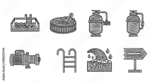 Vector icon collection representing essential swimming pool, hot tub, and water purification equipment for aquatic leisure and maintenance systems