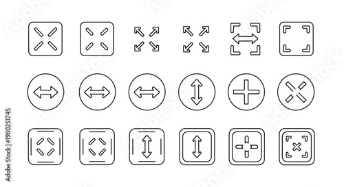 Collection of outline icons representing expansion and contraction gestures for digital interfaces and presentations