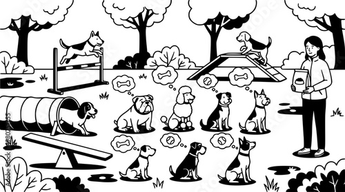 Woman trains various dog breeds with agility equipment outdoors