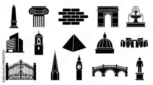 Black silhouette vector graphic of various architectural structures icons