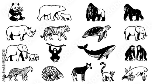 Black and white vector illustration of various endangered animals