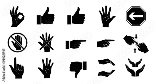 Set of various hand gesture icons representing communication, approval, direction, and negation in a clean, minimalist design