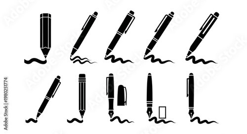 Collection of diverse writing instruments including pens and pencils leaving ink marks on a white background, representing stationery and creativity