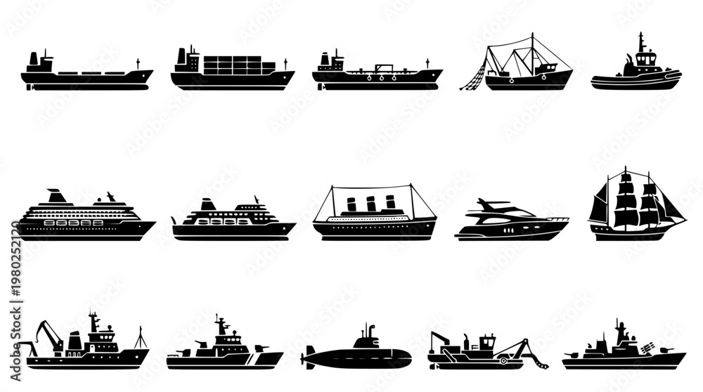 Obraz premium Various types of boats and ships in vector graphics