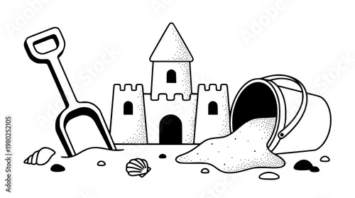 Sandcastle and bucket with a shovel on the beach
