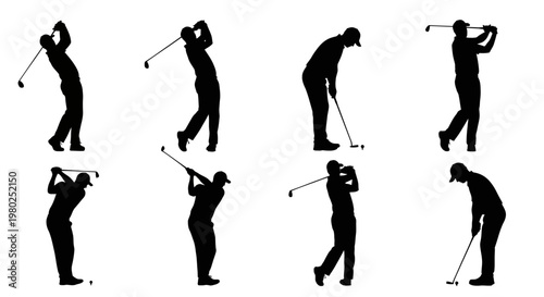 Dynamic Silhouettes of a Golfer Executing a Powerful Swing Sequence, Illustrating the Full Motion and Athleticism of the Game